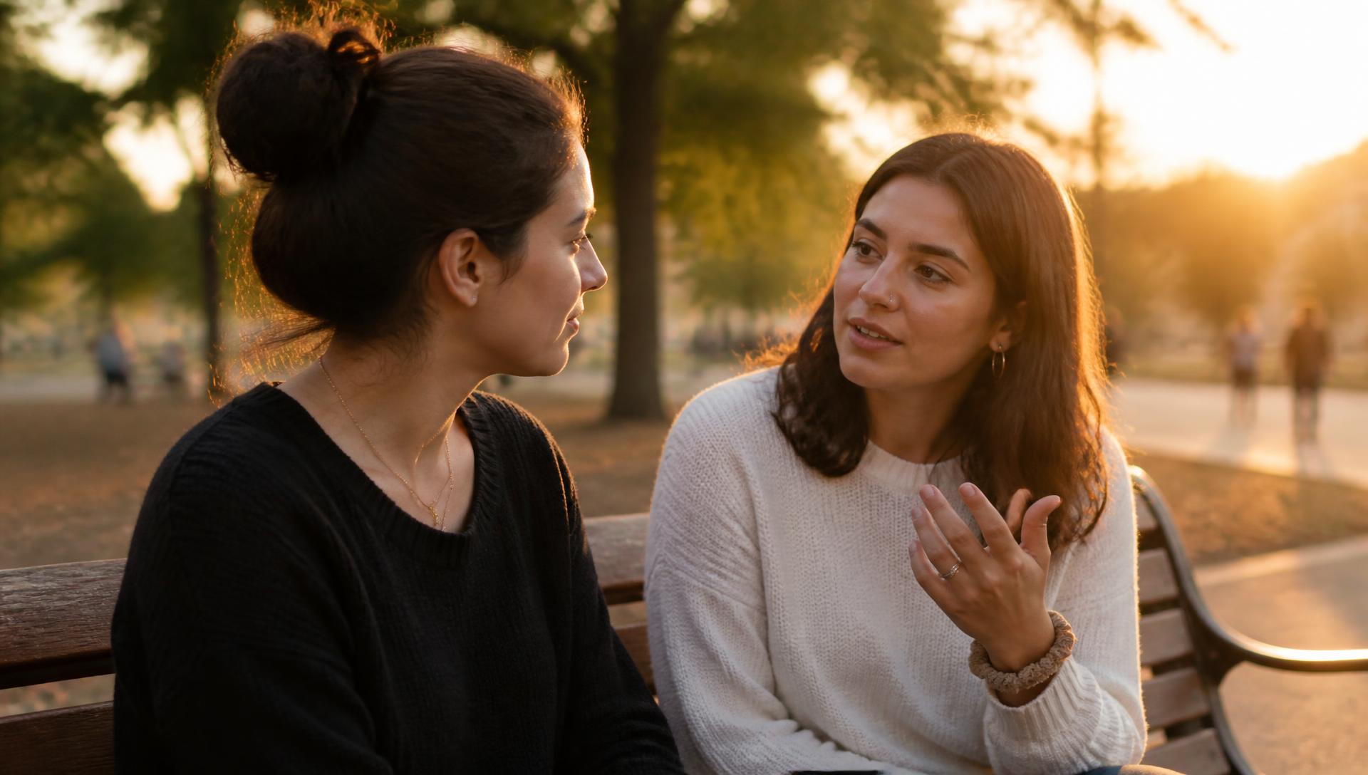 Two friends talking on a park bench at sunset