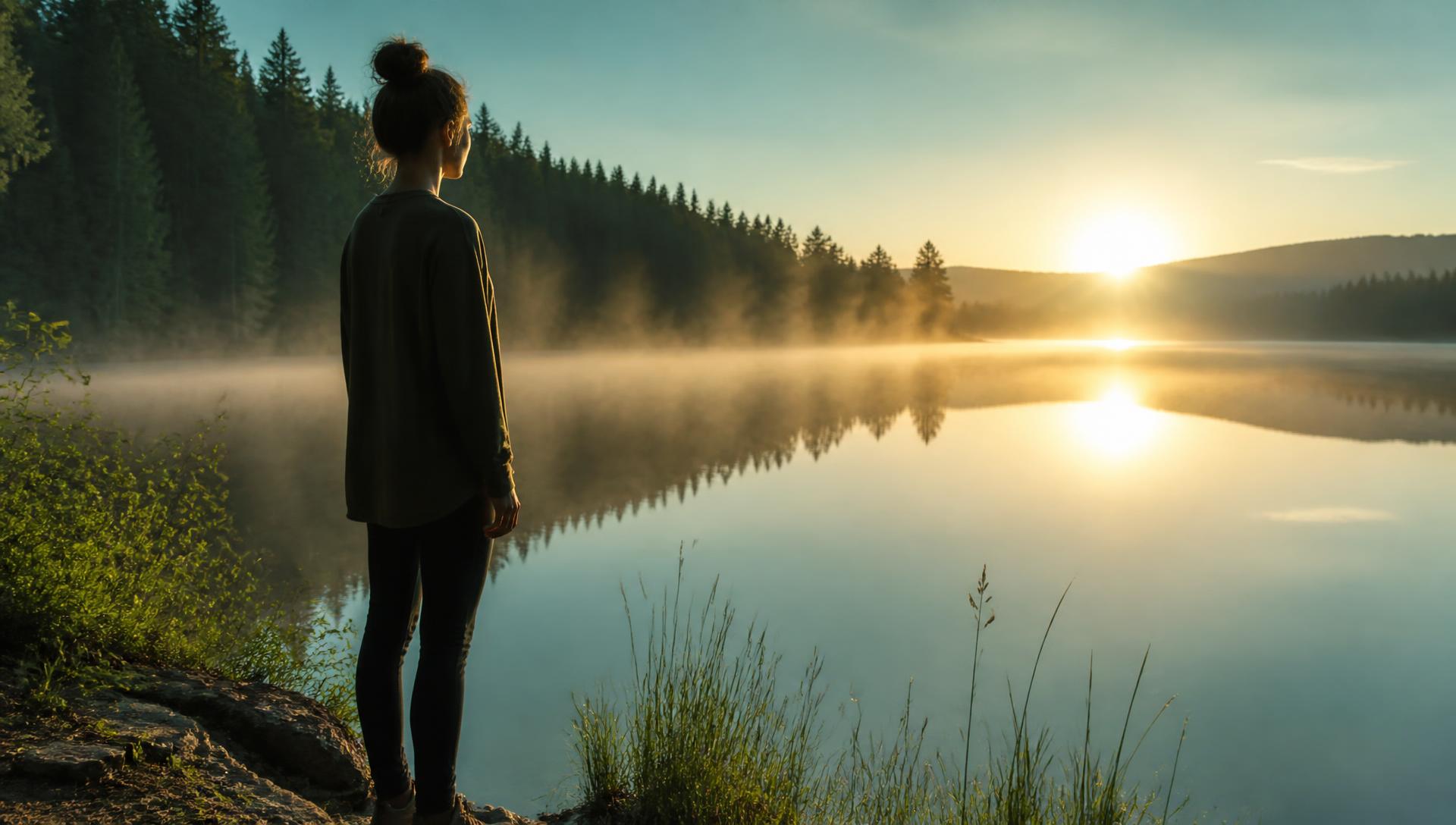 A person breathing calmly beside a misty lake at sunrise