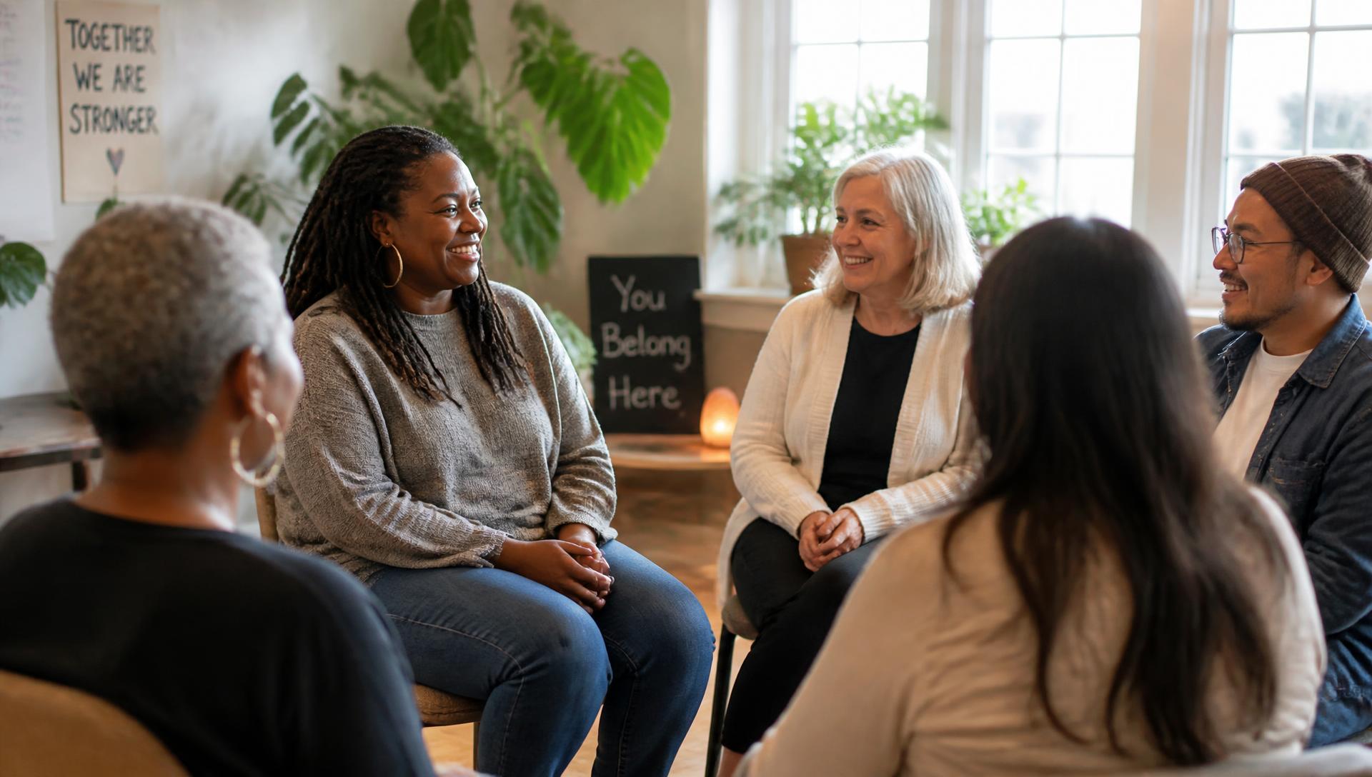 A warm support group sitting together in a bright room